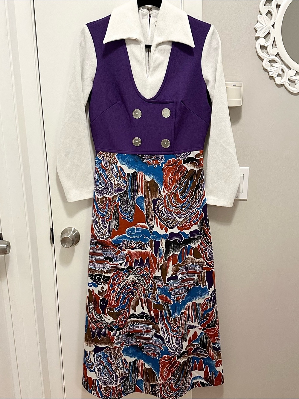 Vintage 70s SHERIE KAY Mod Purple Vest Collared Colorful Maxi Dress M love child